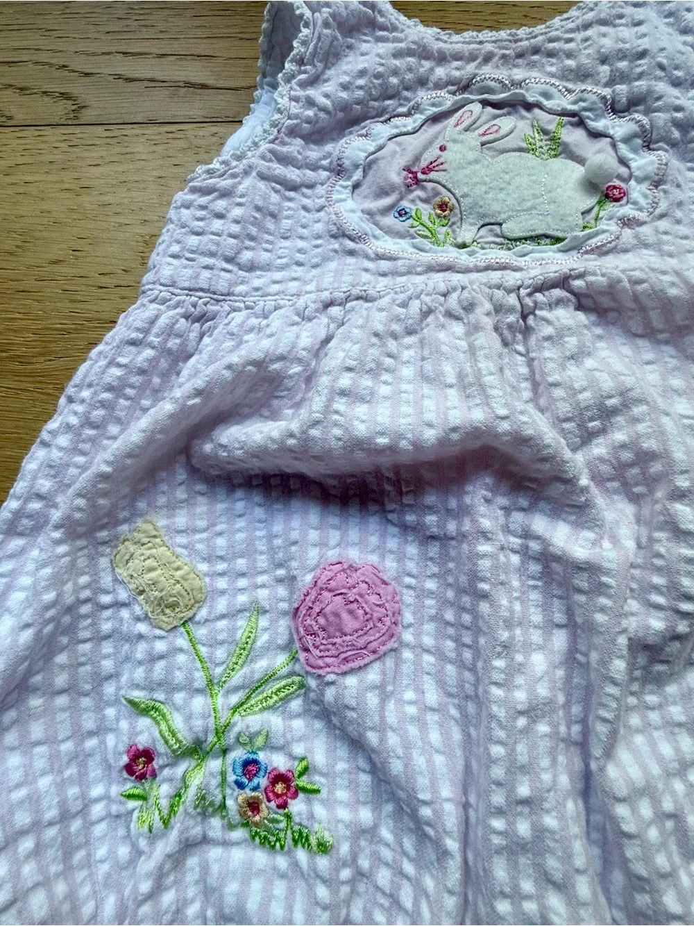 Vintage Cotton Kids 9M Pink Seersucker Bunny Romper Easter Applique Bubble 90s